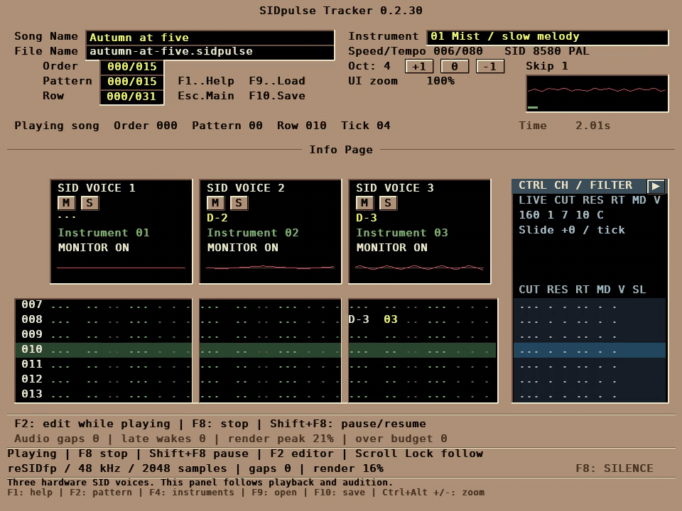 SIDpulse Tracker playing Autumn at Five, with all three SID voice scopes