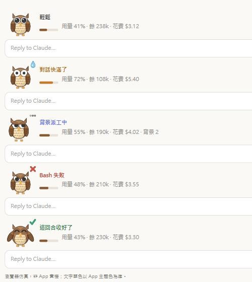 輕鬆、對話快滿了、背景派工中、Bash 失敗、這回合收好了