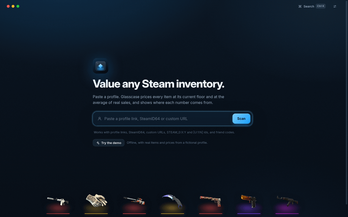 Walkthrough: the home screen, Try the demo, the Overview counting up, filtering the Inventory, the item sheet with its Marketplaces table, and exporting a share card