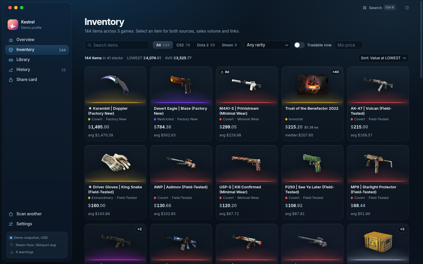 Inventory grid with rarity lights, wear, prices and trade-hold locks