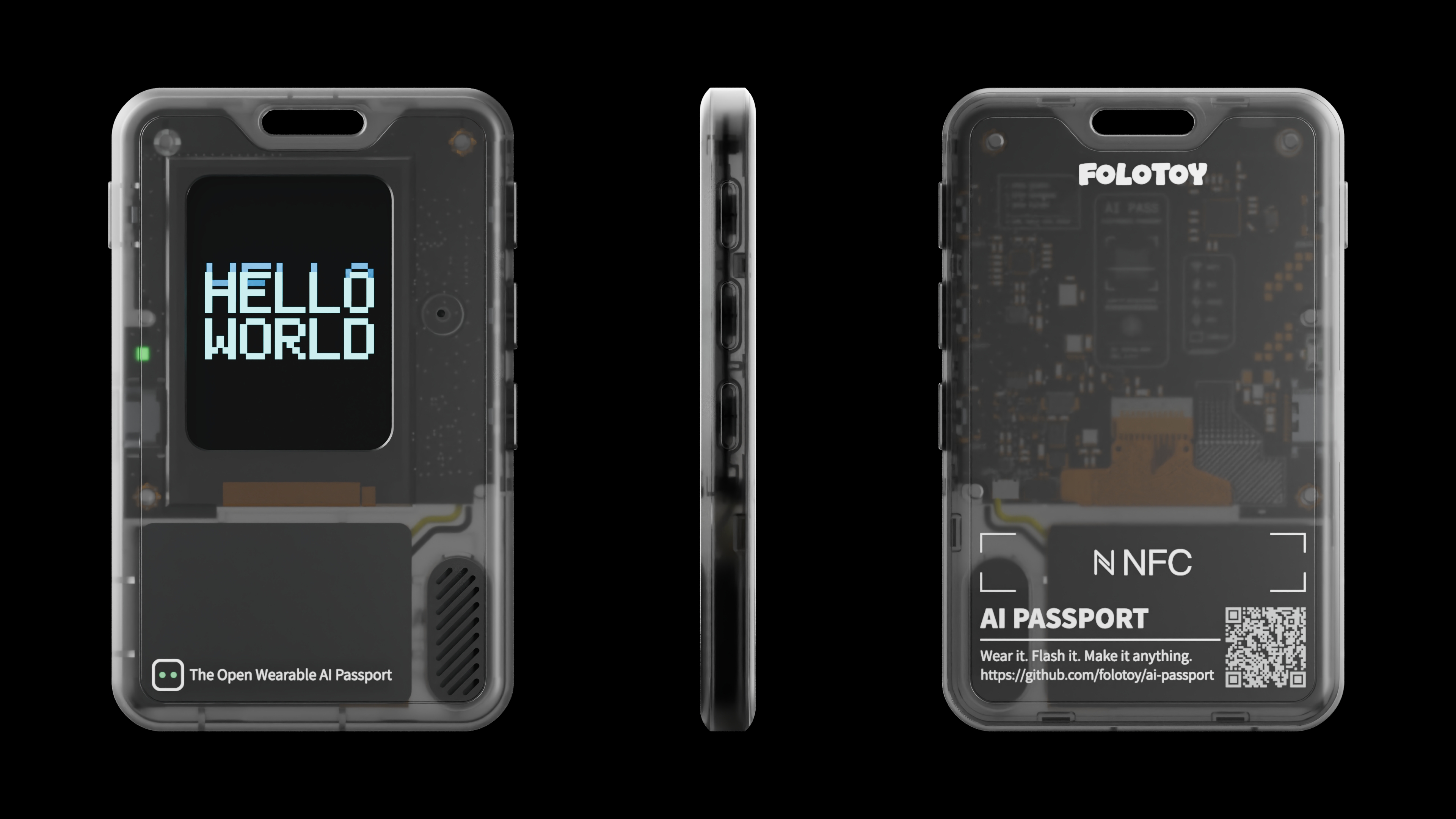 FoloToy AI Passport wearable device shown from the front, side, and back.