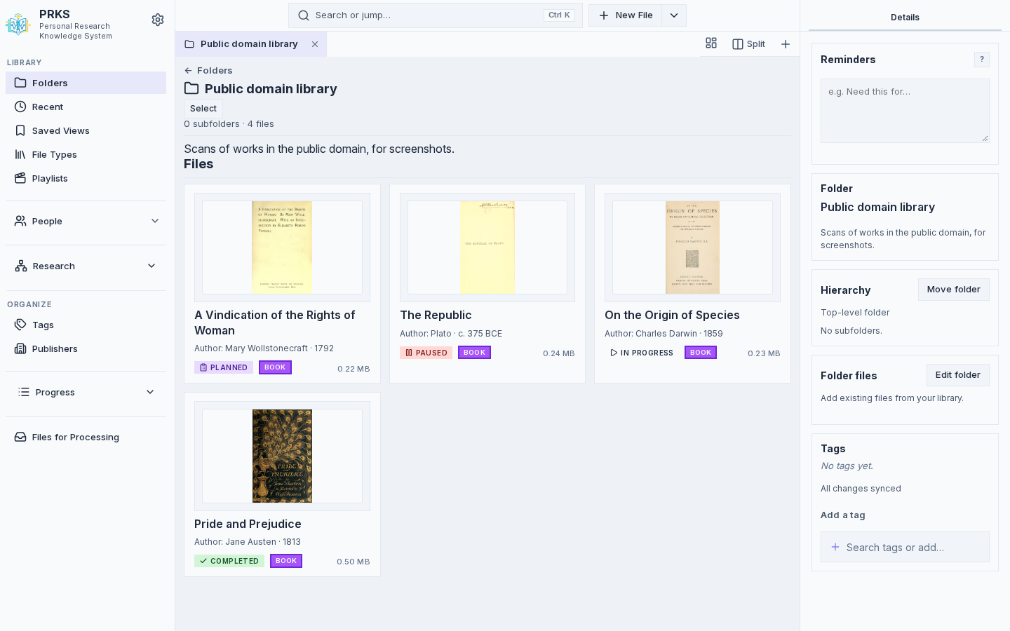 PRKS folder showing public-domain research works