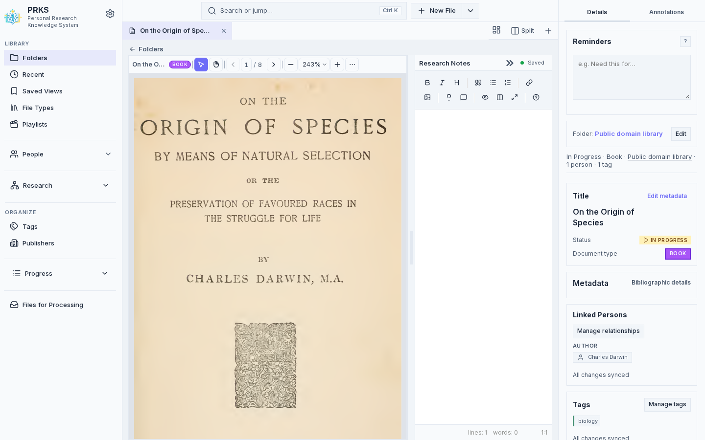 PRKS Work view with Origin of Species open in the PDF reader