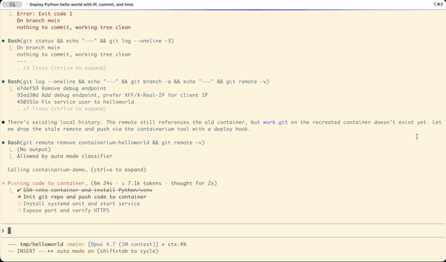 Containarium demo: prompt → live HTTPS Python app