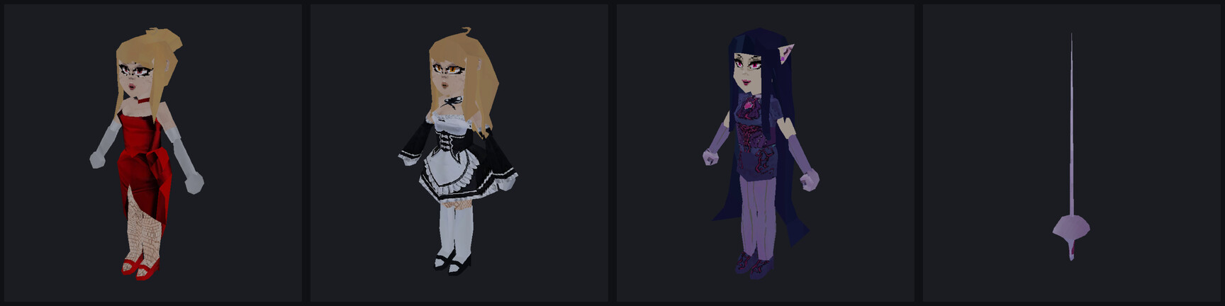 Four rigged characters and a prop, at the same scale