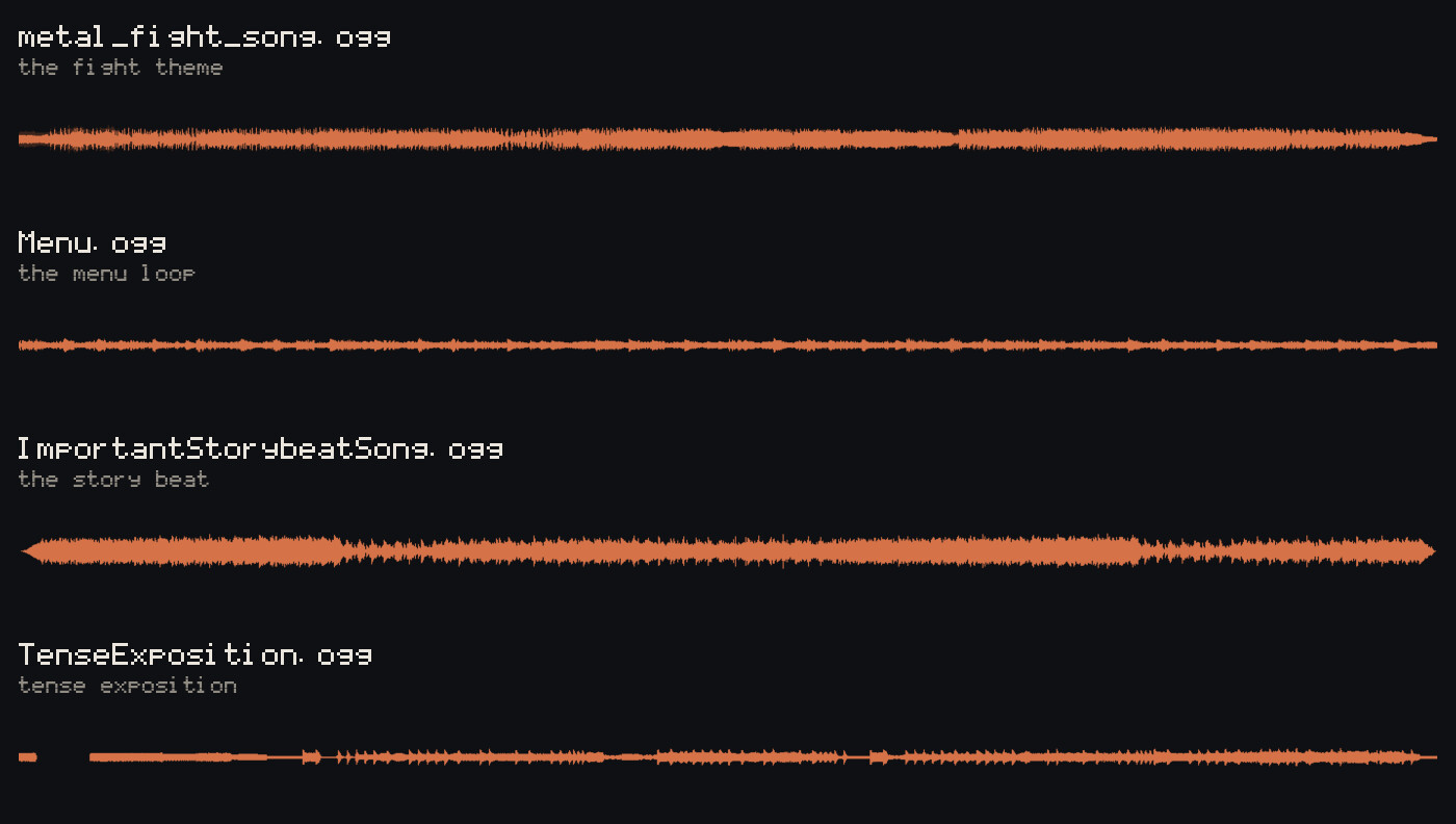 Four tracks: a fight theme, a menu loop, a story beat and an exposition cue