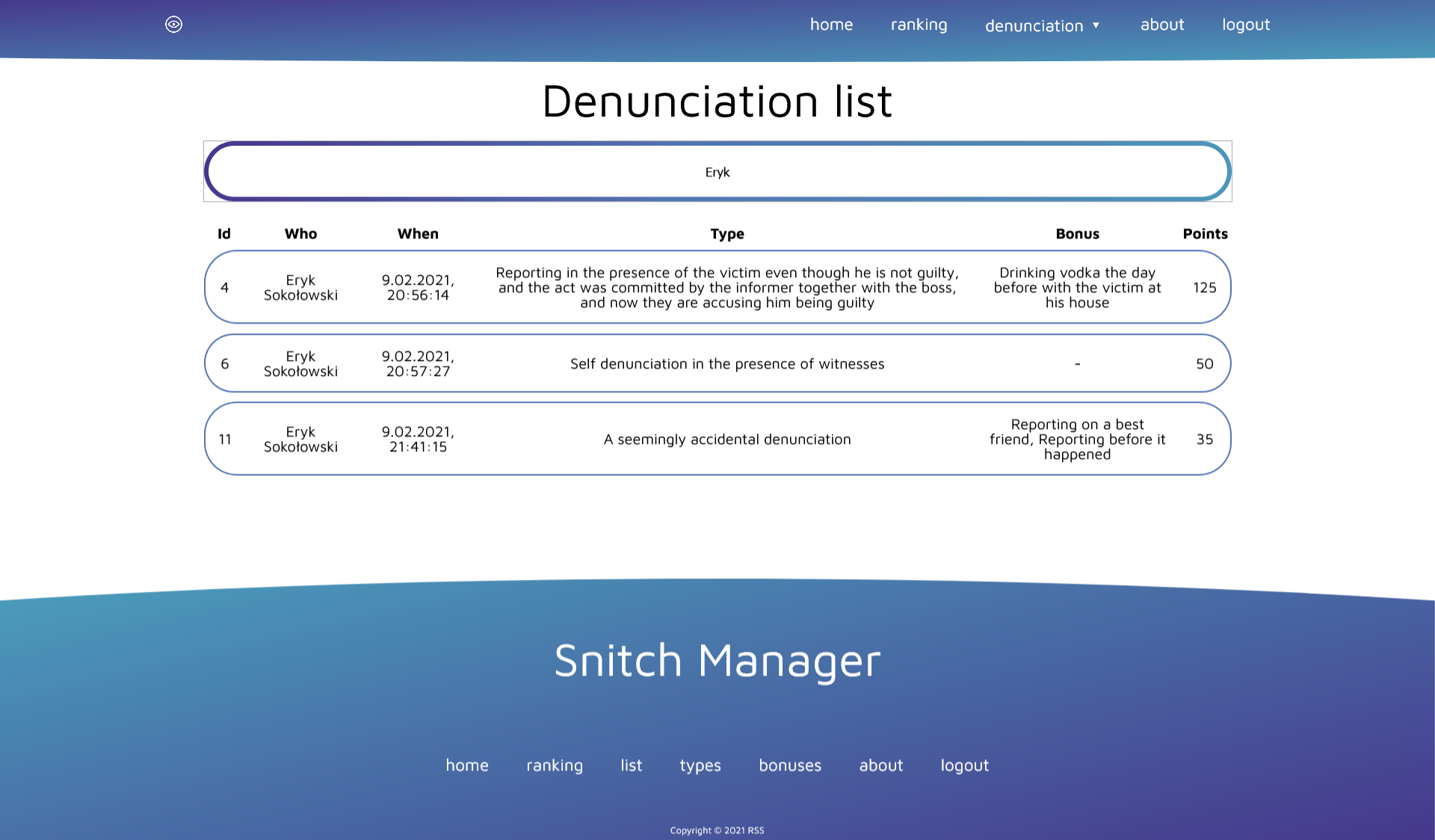 Denunciation list - search