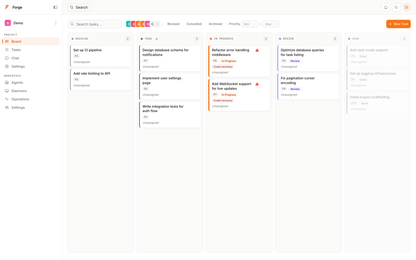 Forge kanban board showing tasks across backlog, todo, in_progress, review, and done columns