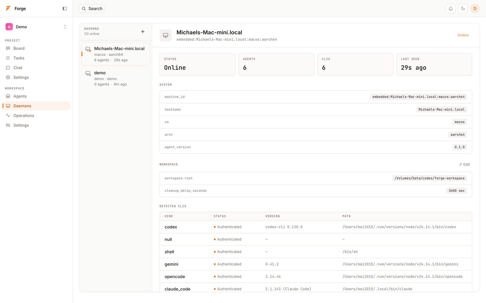 Daemon detail showing auto-detected CLIs: codex, claude_code, gemini, opencode, shell