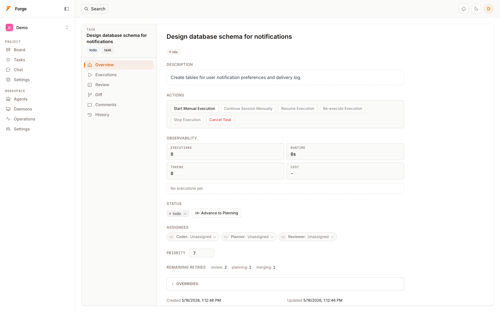 Task detail page with status, assignees by role, observability metrics, and lifecycle actions