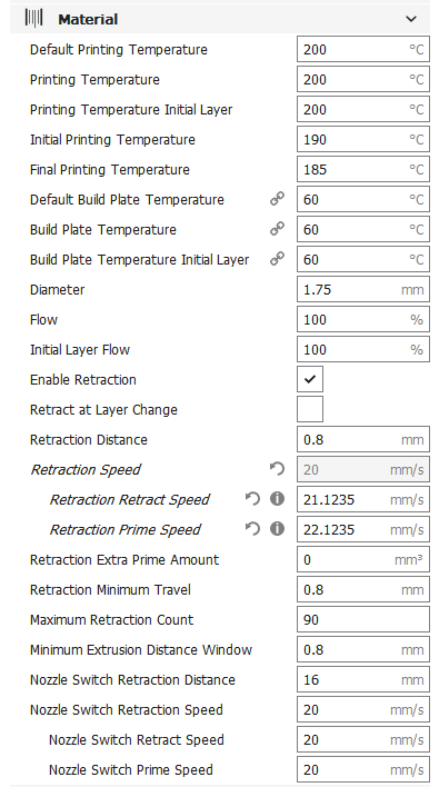 Printer Profile - Cura Material Settings