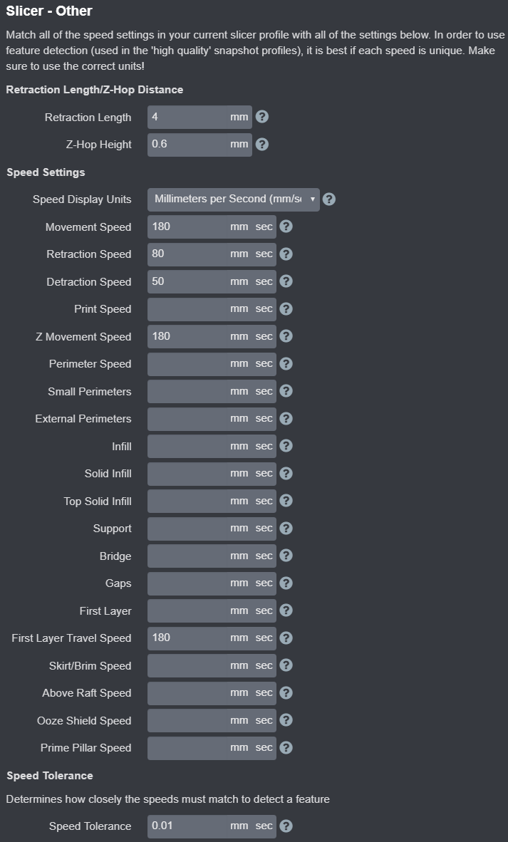 Printer Profile - Other Slicer Settings