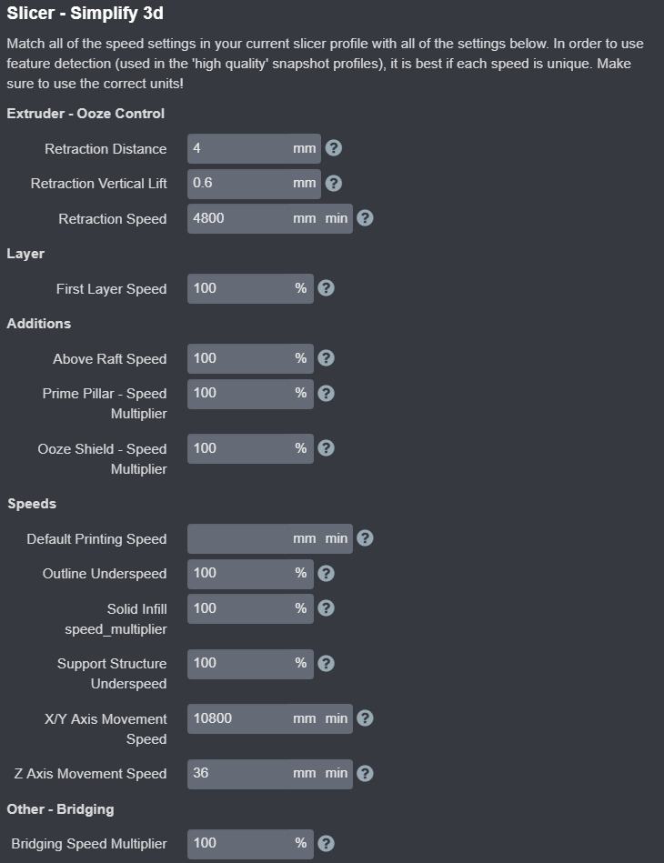 Printer Profile - Simplify 3D Settings