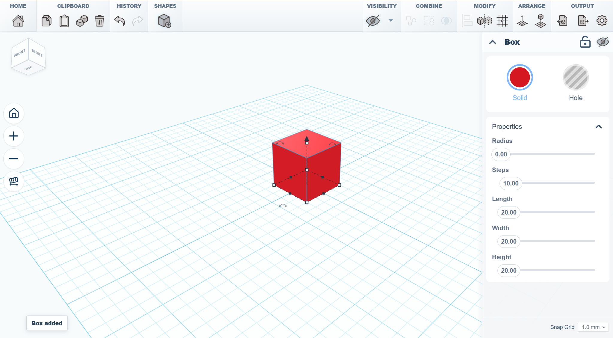 SketchForge editor showing a selected box on the workplane
