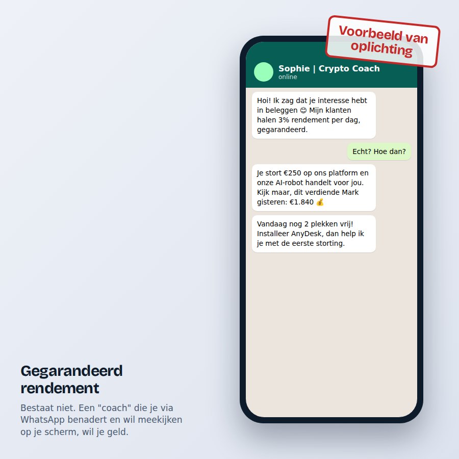 Voorbeeld van een oplichter die gegarandeerd rendement belooft via WhatsApp