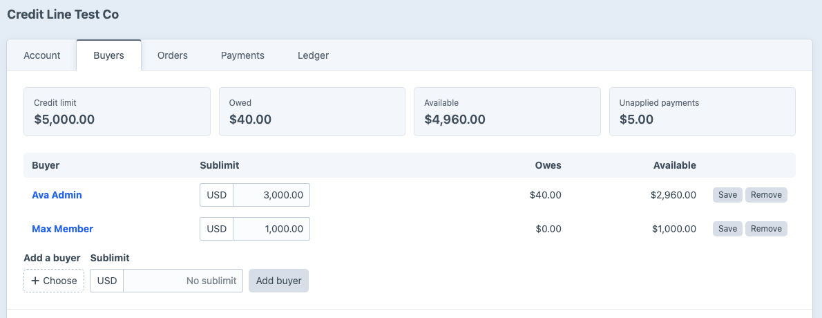 An account’s Buyers tab, with two buyers and their sublimits