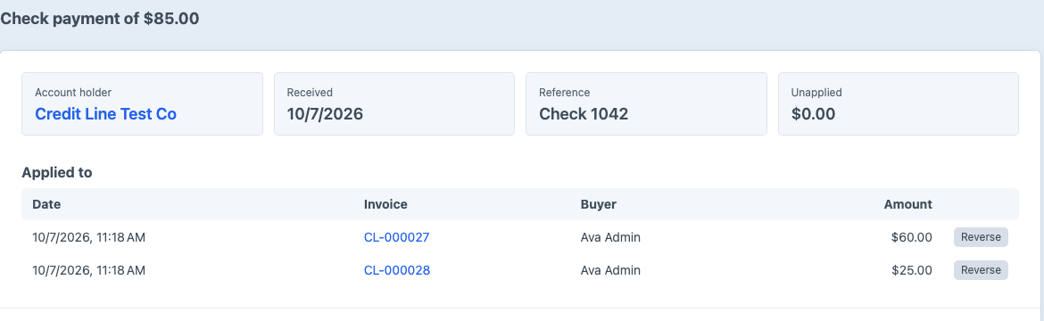 A payment applied to two invoices