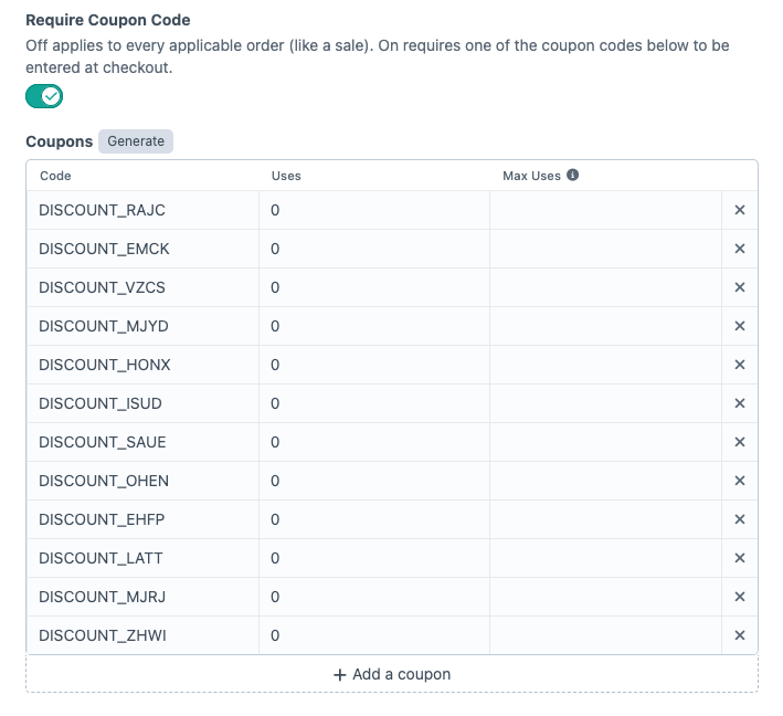 List of generated coupon codes