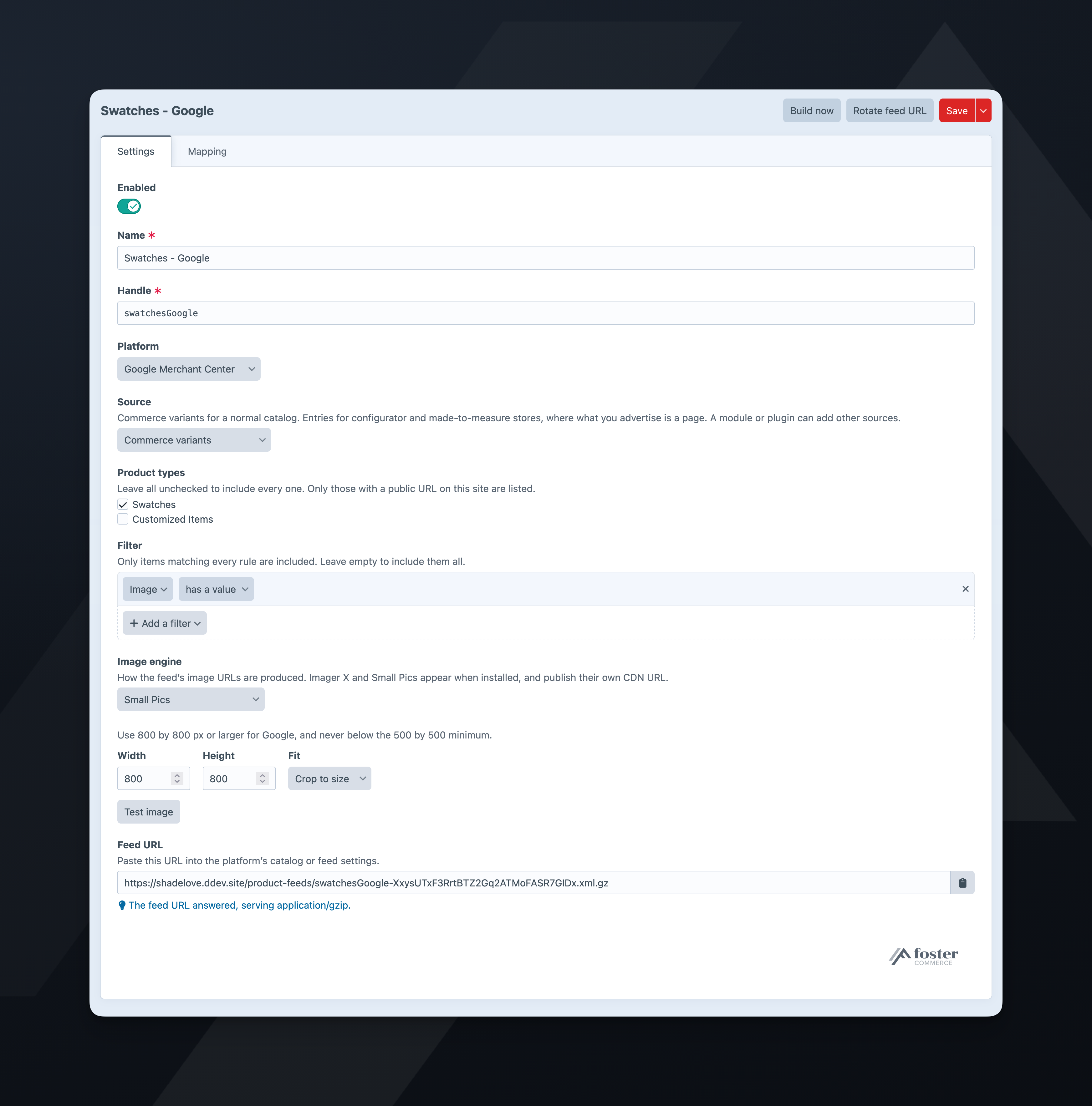 A feed’s Settings tab, with its platform, source, product types, filter, image engine, and feed URL