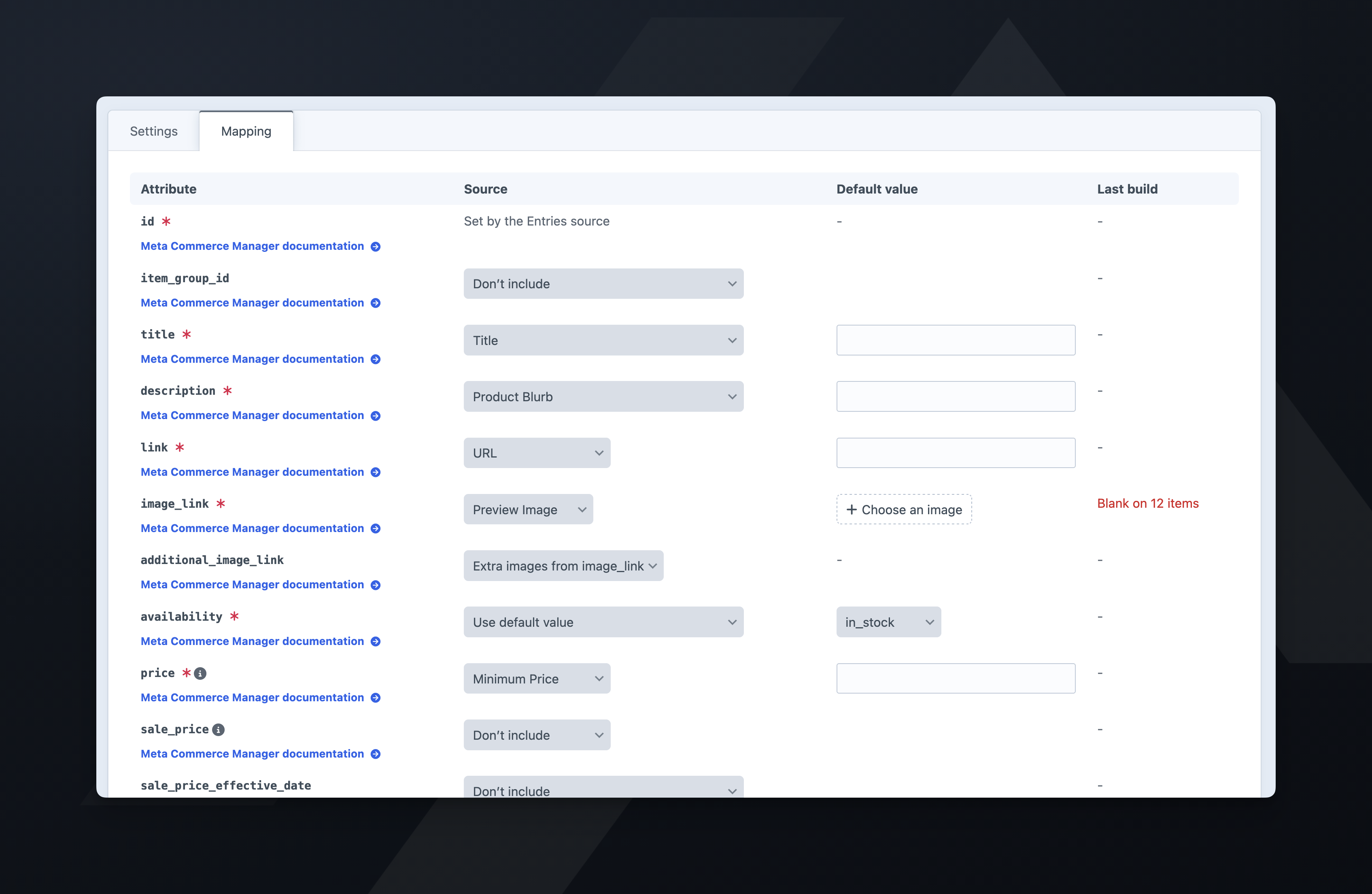 The Mapping tab of an entry feed, with each attribute’s source, default value, and last build result