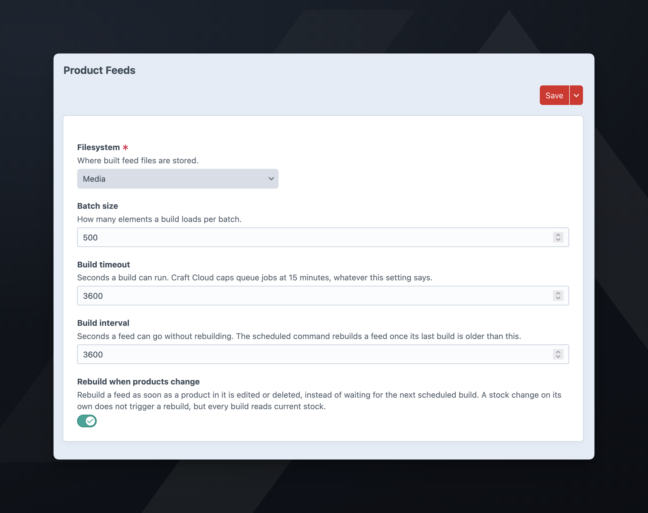 The Product Feeds plugin settings: filesystem, batch size, build timeout, build interval, and rebuild when products change