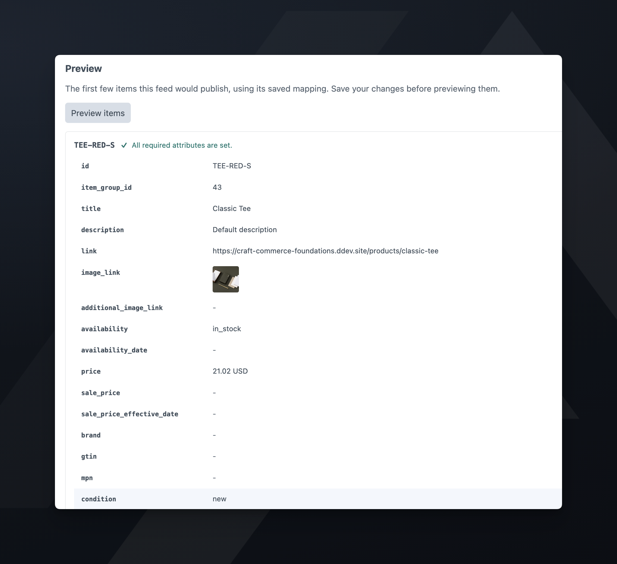 Preview items showing a variant’s attributes, with a note that all required attributes are set
