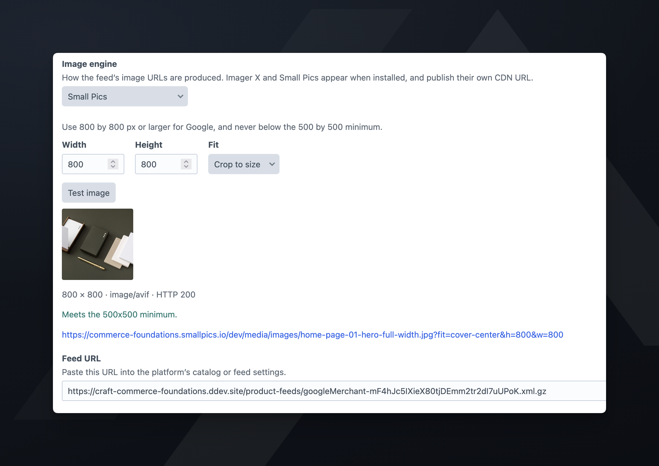 Test image result with a thumbnail, its size and type, the platform minimum check, and the image URL