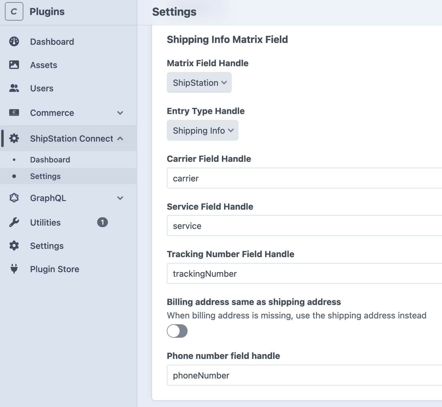 The Shipping Info Matrix Field section of the settings page