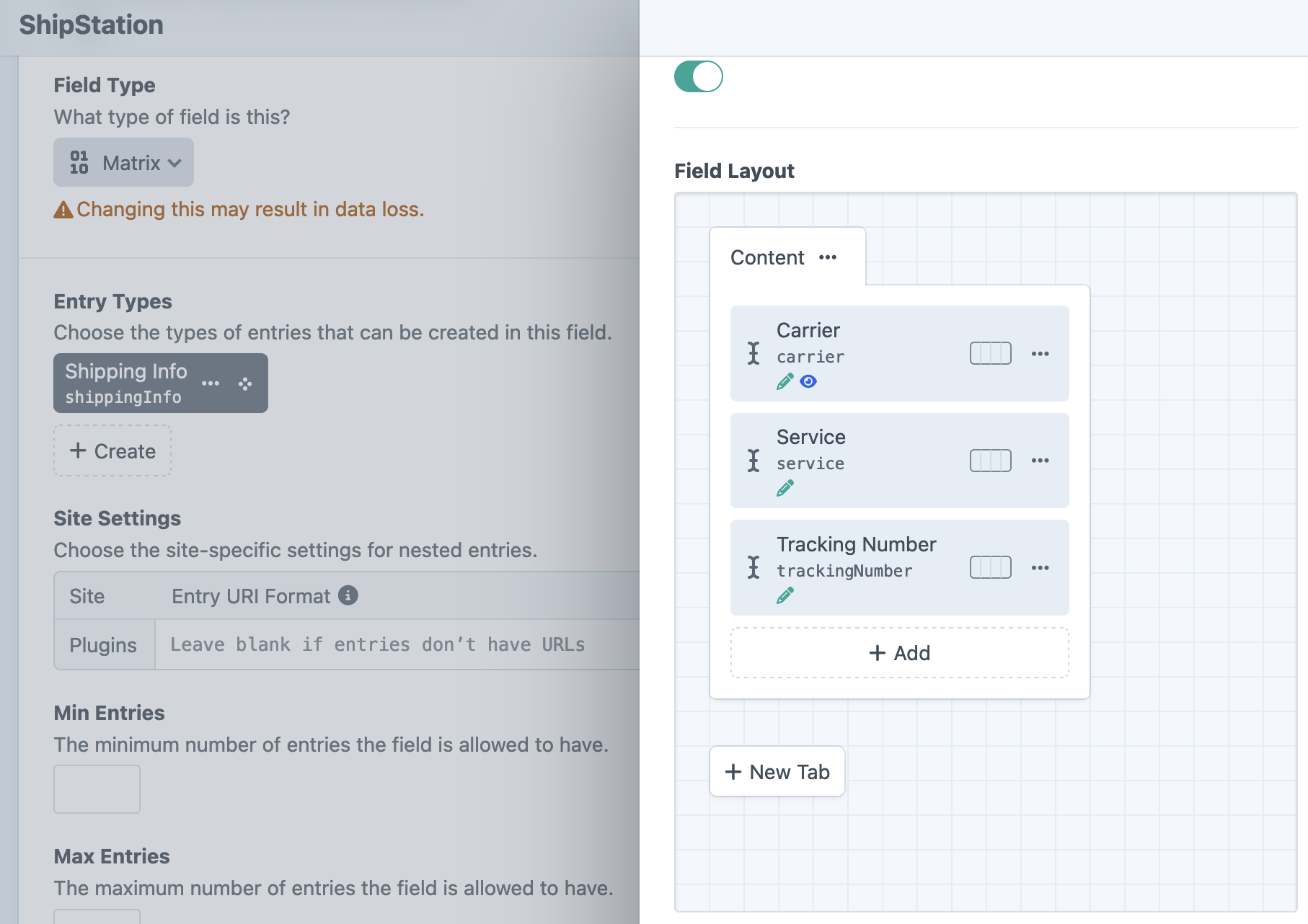 A Matrix field named ShipStation with a Shipping Info entry type holding Carrier, Service, and Tracking Number fields