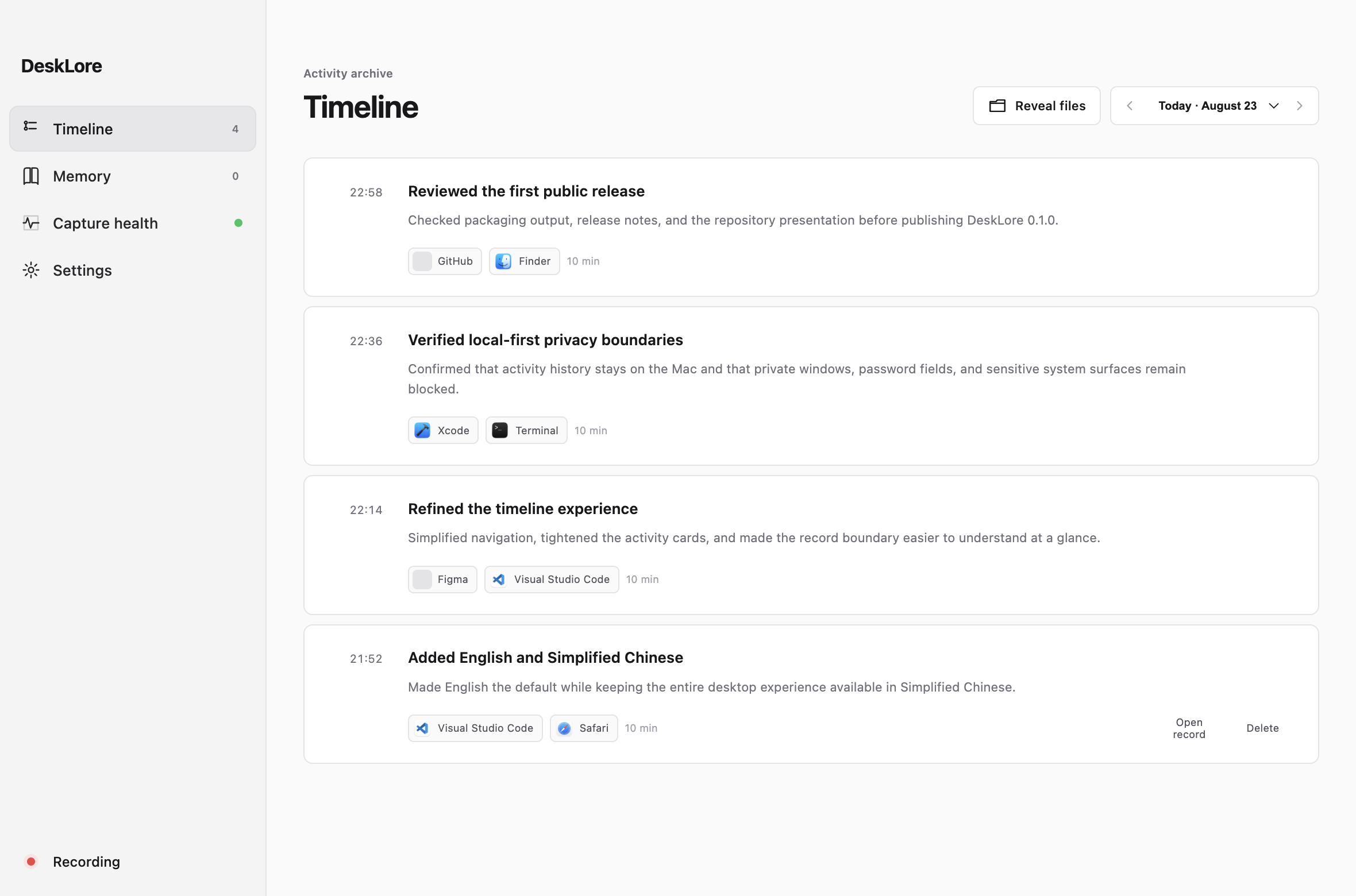 DeskLore timeline with synthetic activity data