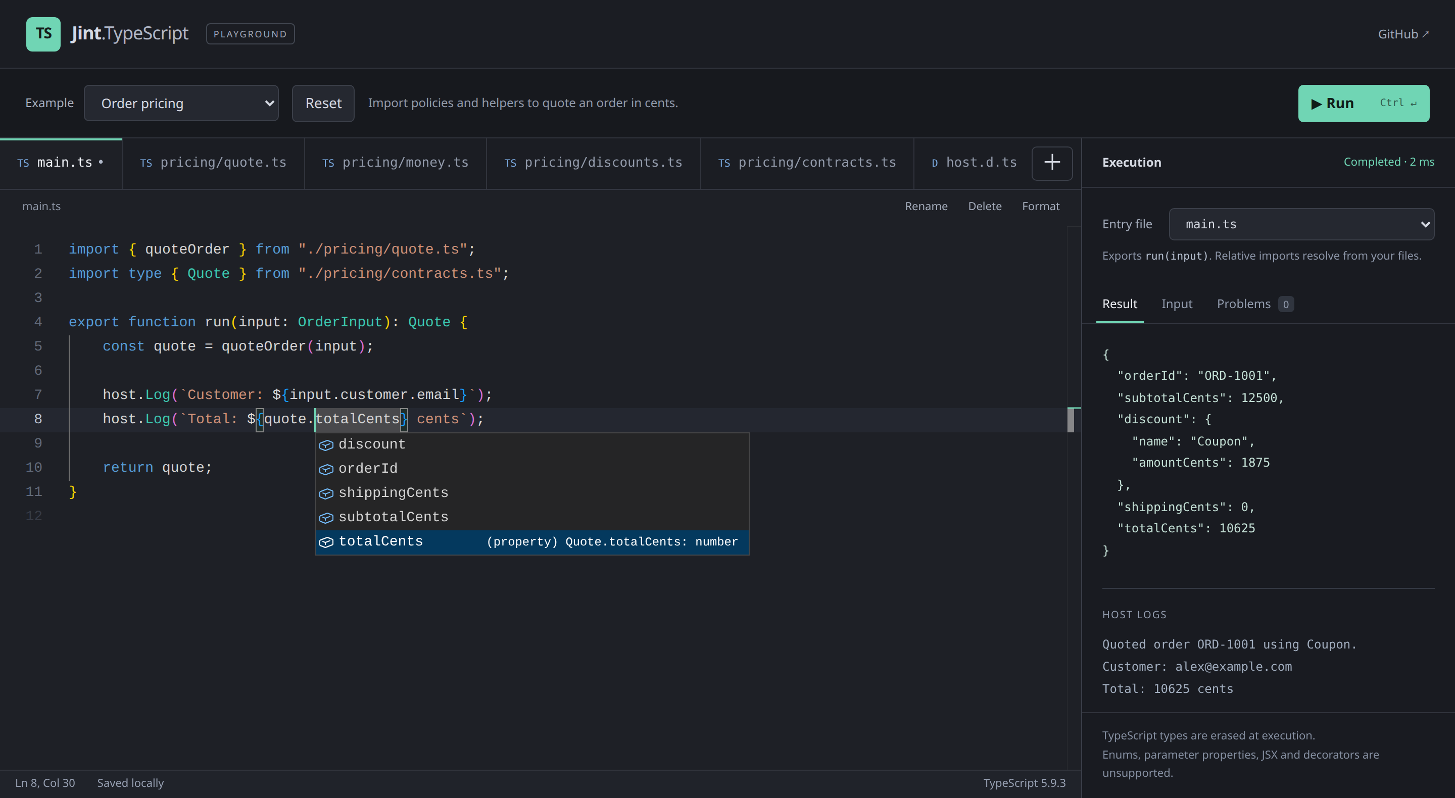 TypeScript IntelliSense for the imported Quote interface, with execution results and host logs in the playground