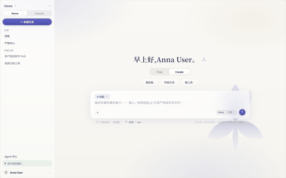 Anna product tour across the Create page, Cowork Hiker dashboard, and Crew workflow