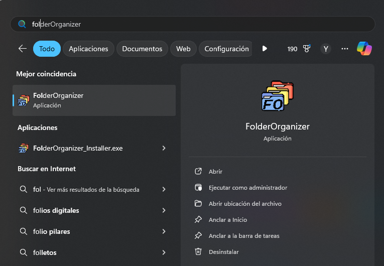 FolderOrganizer in the Start menu