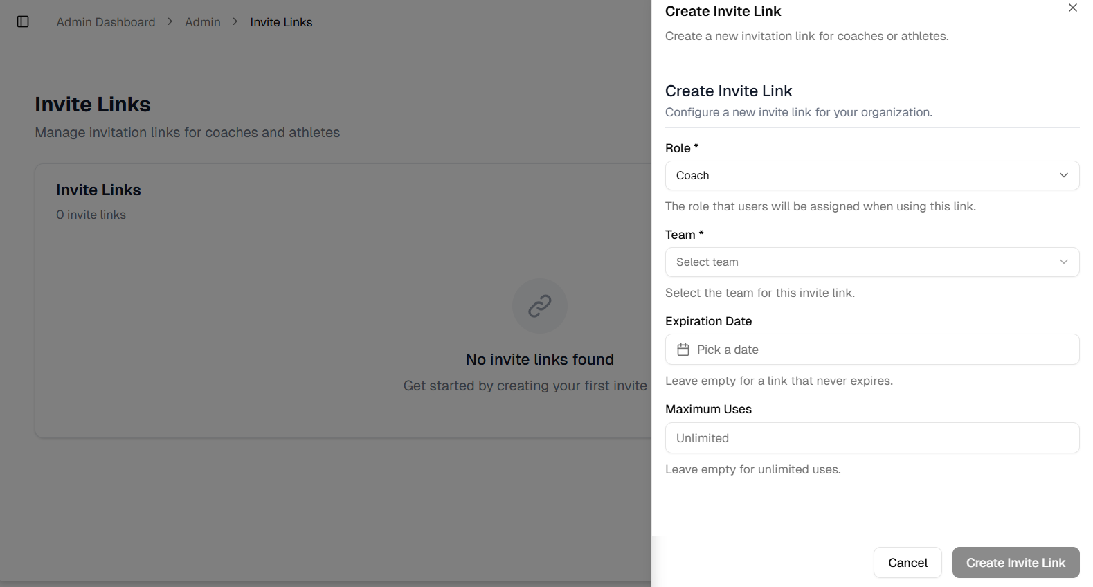 Create invite link form in fractall.fit with role and expiration settings