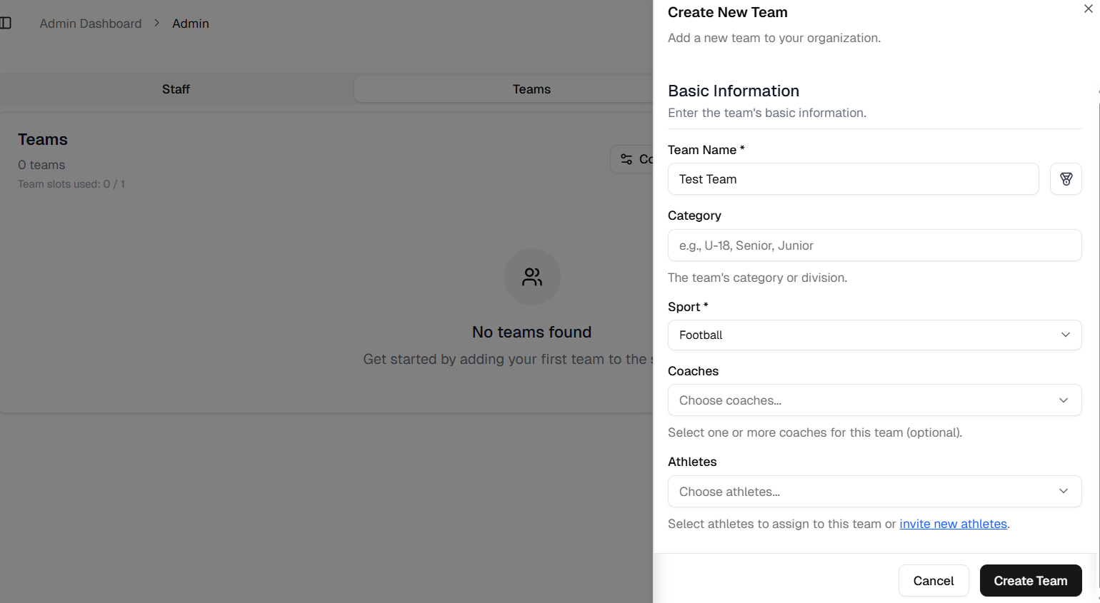 Create team modal in fractall.fit showing team name and sport selection