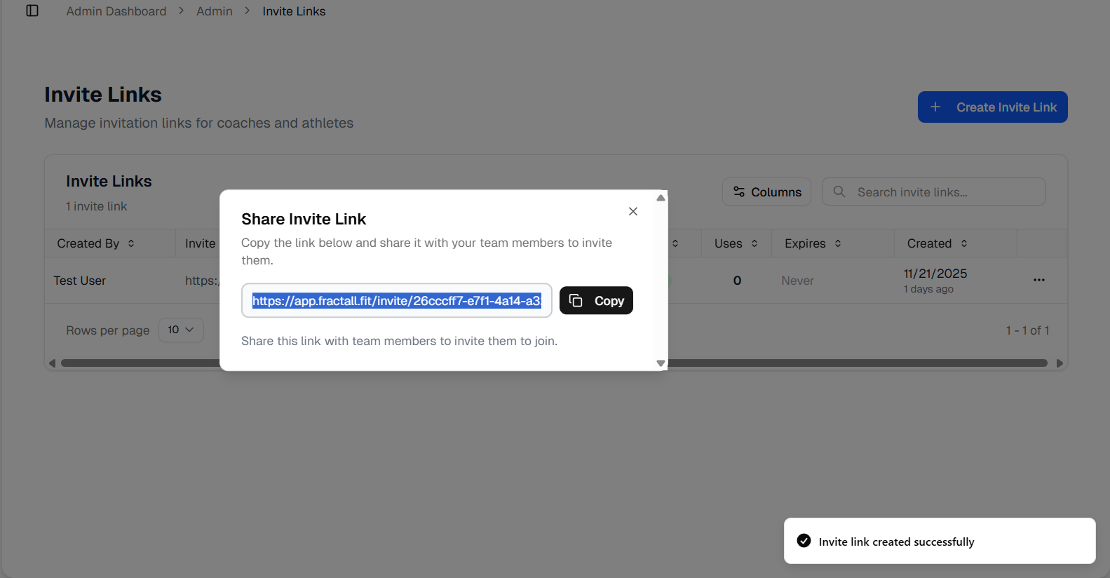 Invite link copy modal in fractall.fit for sharing access with staff or coaches