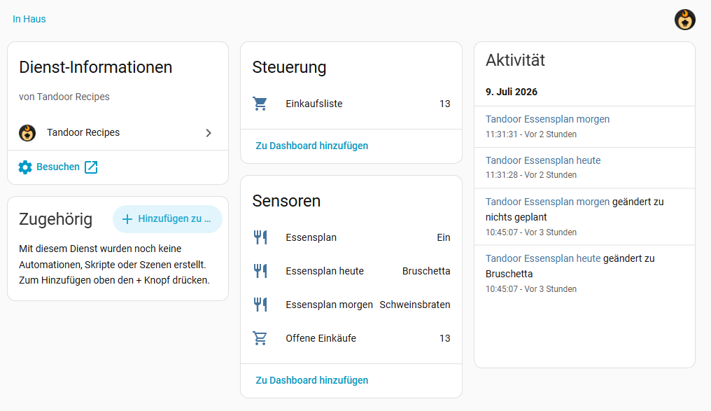 Tandoor integration device page in Home Assistant