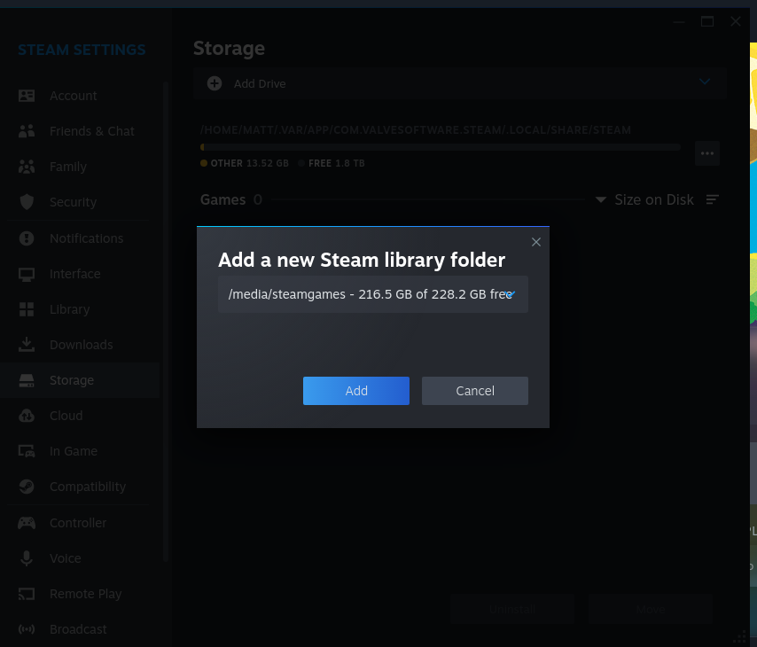 Click Add Drive, choose Add a new Steam library folder