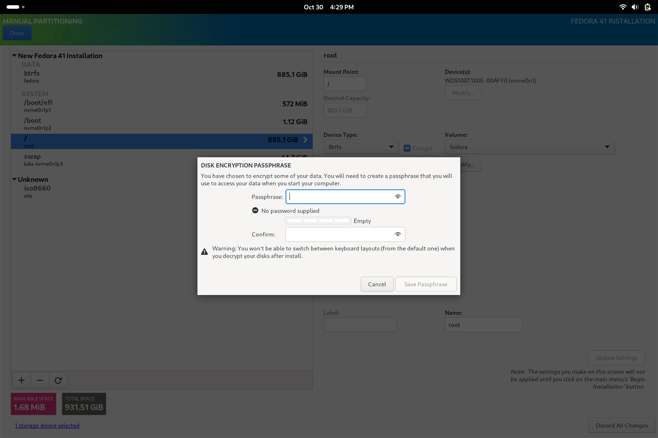 Enter Desired LUKS encryption passphrase