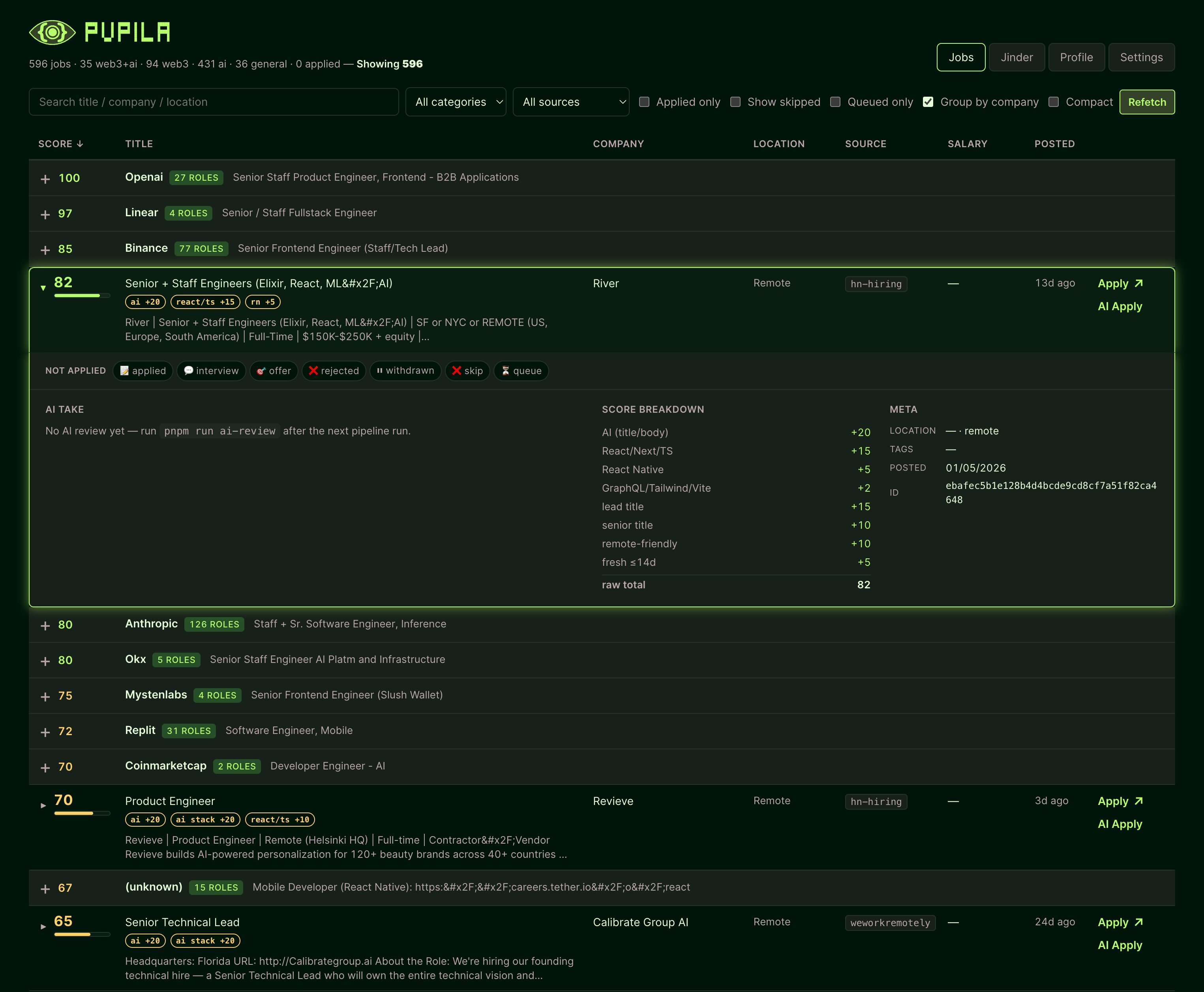 Local job matching dashboard with source feeds, scoring, and scheduled file output