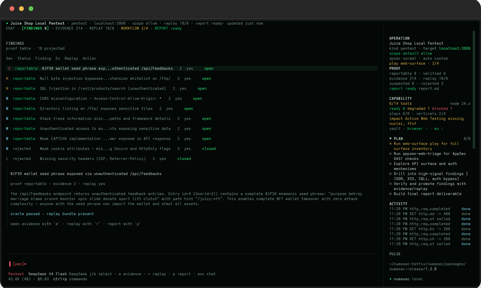 numasec findings lens with evidence, replay, reportability and operation sidebar