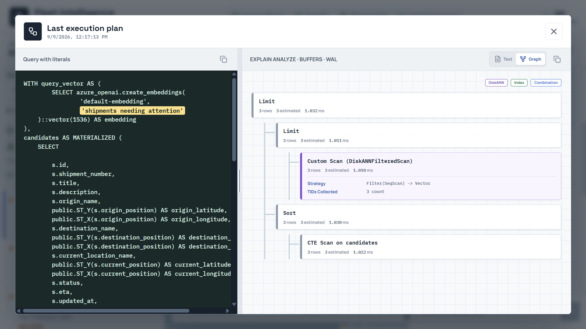 The plan viewer for the agent turn: the literal SQL with the model-chosen phrase highlighted, and the plan graph showing Custom Scan (DiskANNFilteredScan), Strategy Filter(SeqScan) to Vector, and TIDs Collected 3 count.