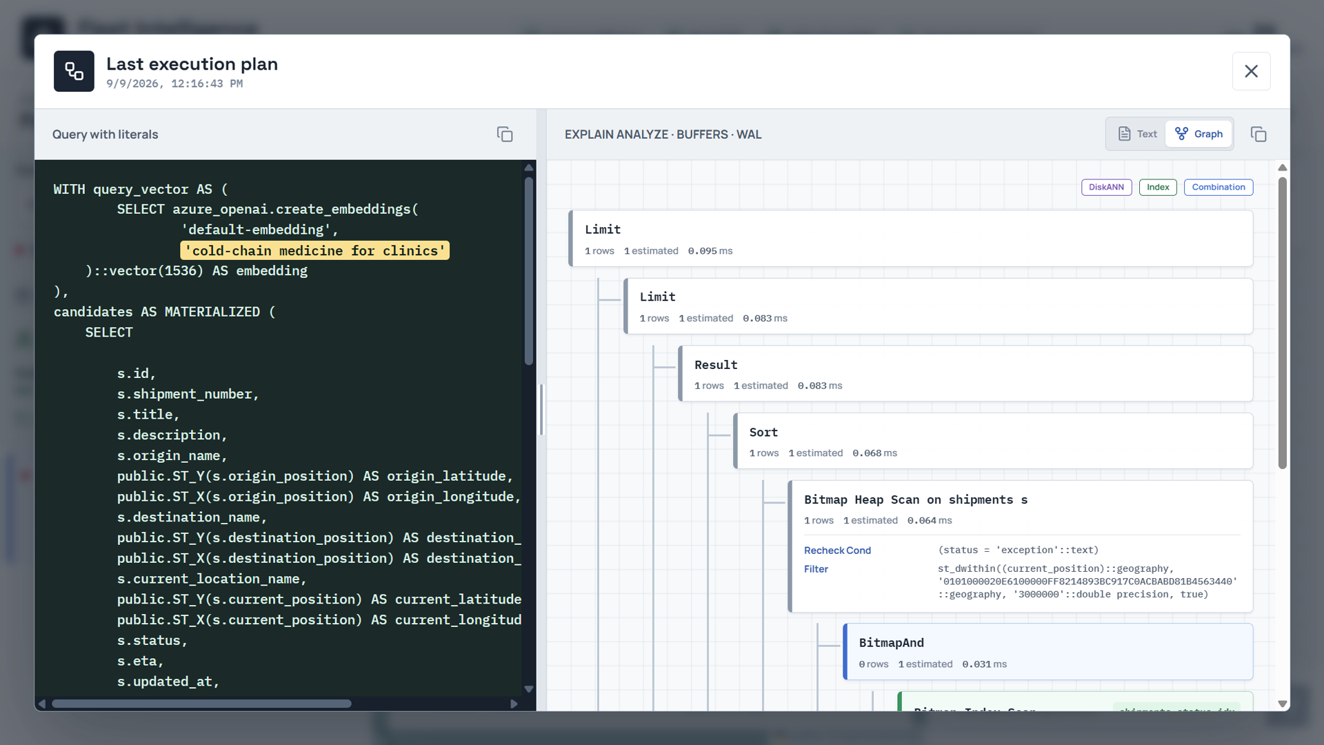The plan viewer: the literal SQL on the left with the query text highlighted, and the plan graph on the right showing the Bitmap Heap Scan feeding from a BitmapAnd.