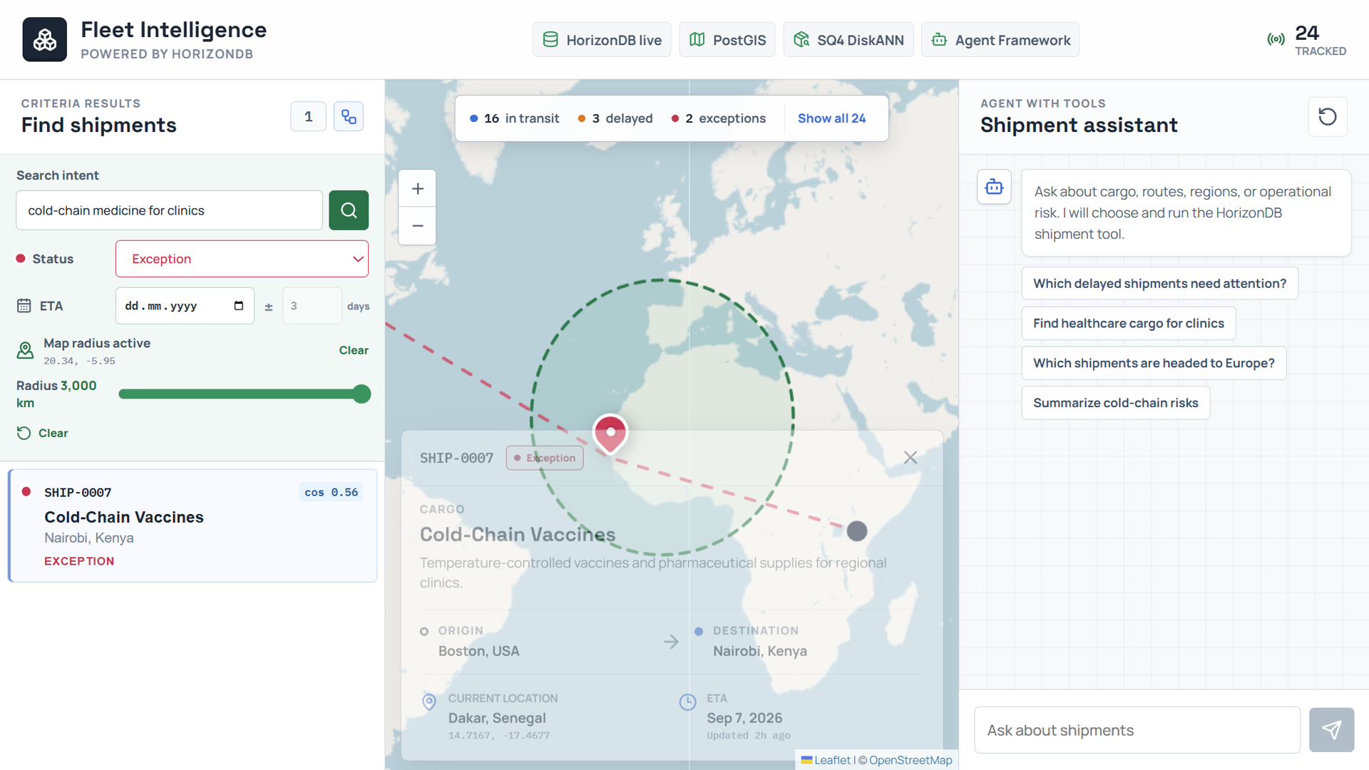 Criteria search: status set to Exception, a 3,000 km radius drawn on the map near Dakar, and one result, SHIP-0007 Cold-Chain Vaccines, with a cos 0.56 badge.