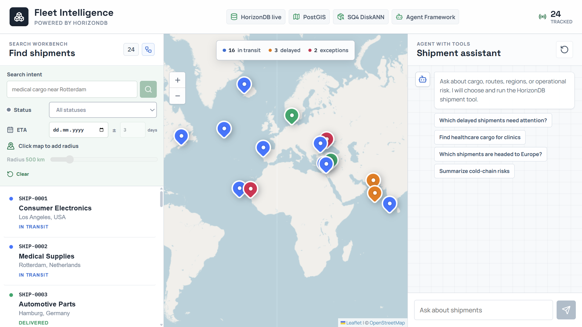 Fleet Intelligence console: the criteria workbench on the left, a shared Leaflet map in the center, and the Agent Framework assistant on the right. The header confirms HorizonDB, PostGIS, SQ4 DiskANN, and Agent Framework are all live.
