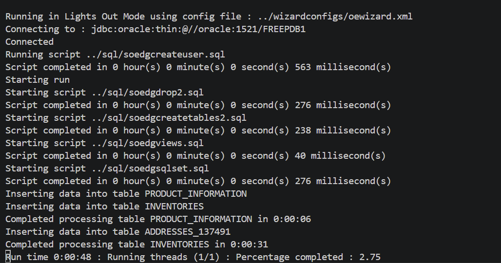 Swingbench OEWizard creating the SOE schema and loading data