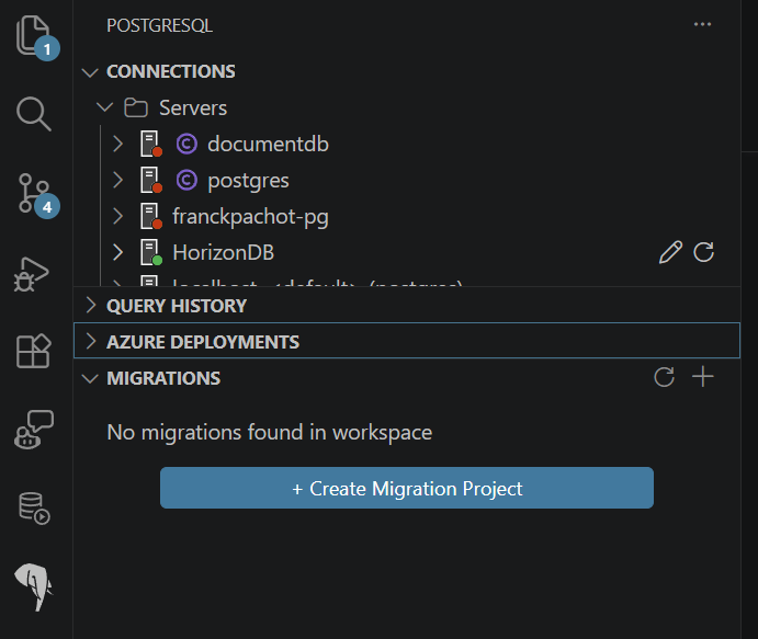 PostgreSQL extension Migrations view with Create Migration Project