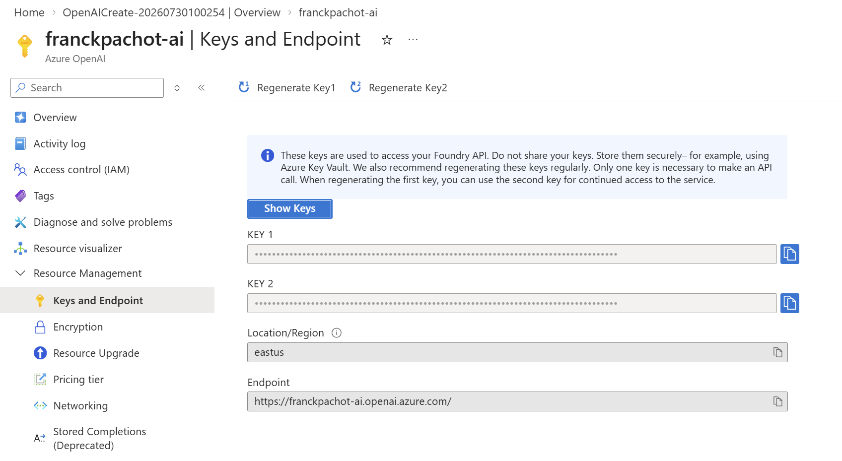 Keys and endpoint