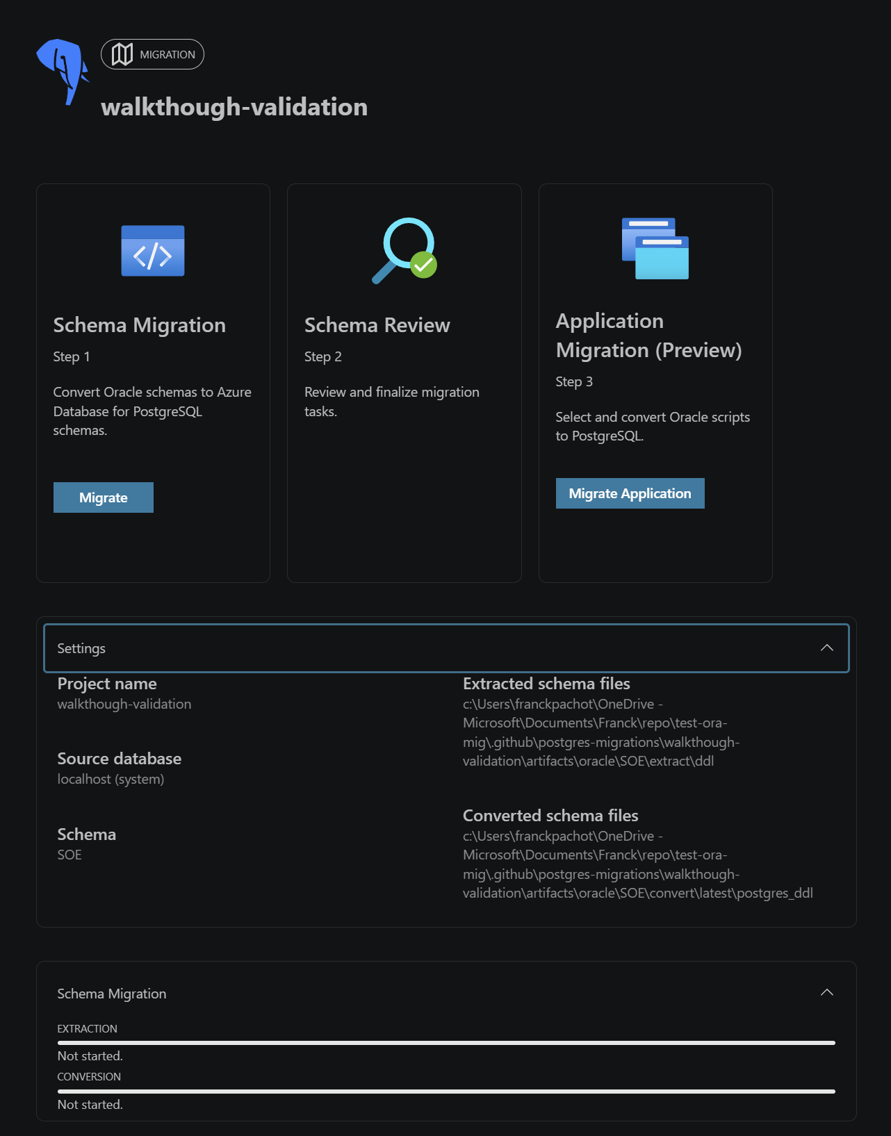 Migration project dashboard before schema migration