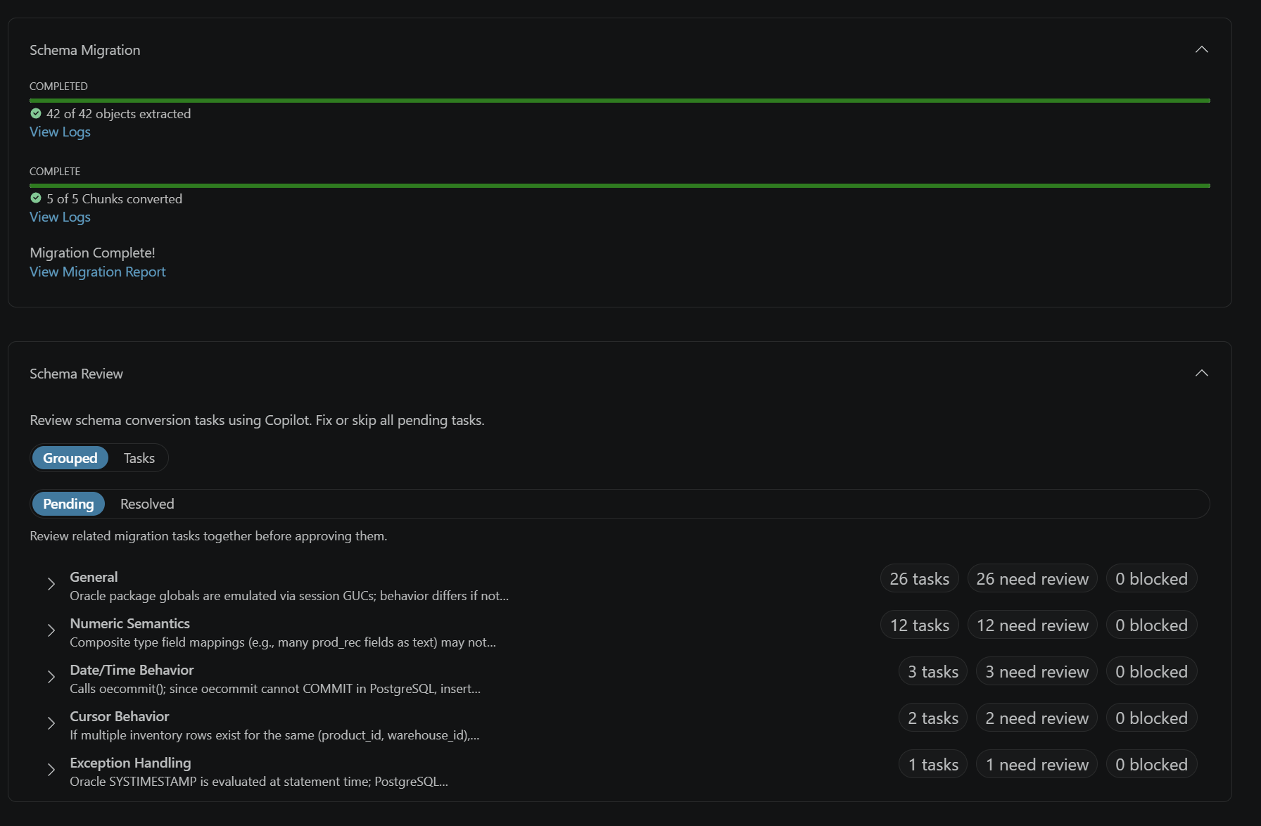 Completed migration and pending schema review tasks